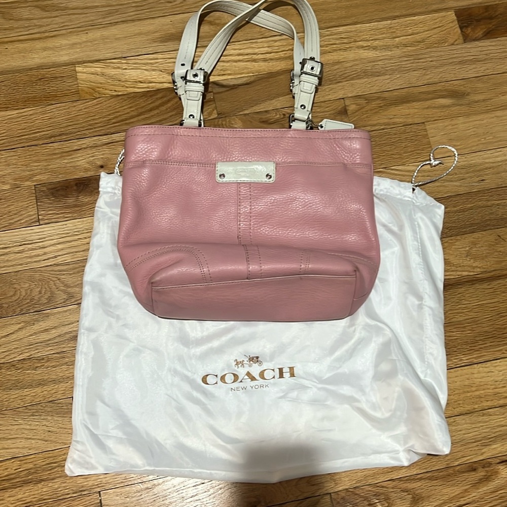 Coach, pink and white leather shoulder bag with dust bag